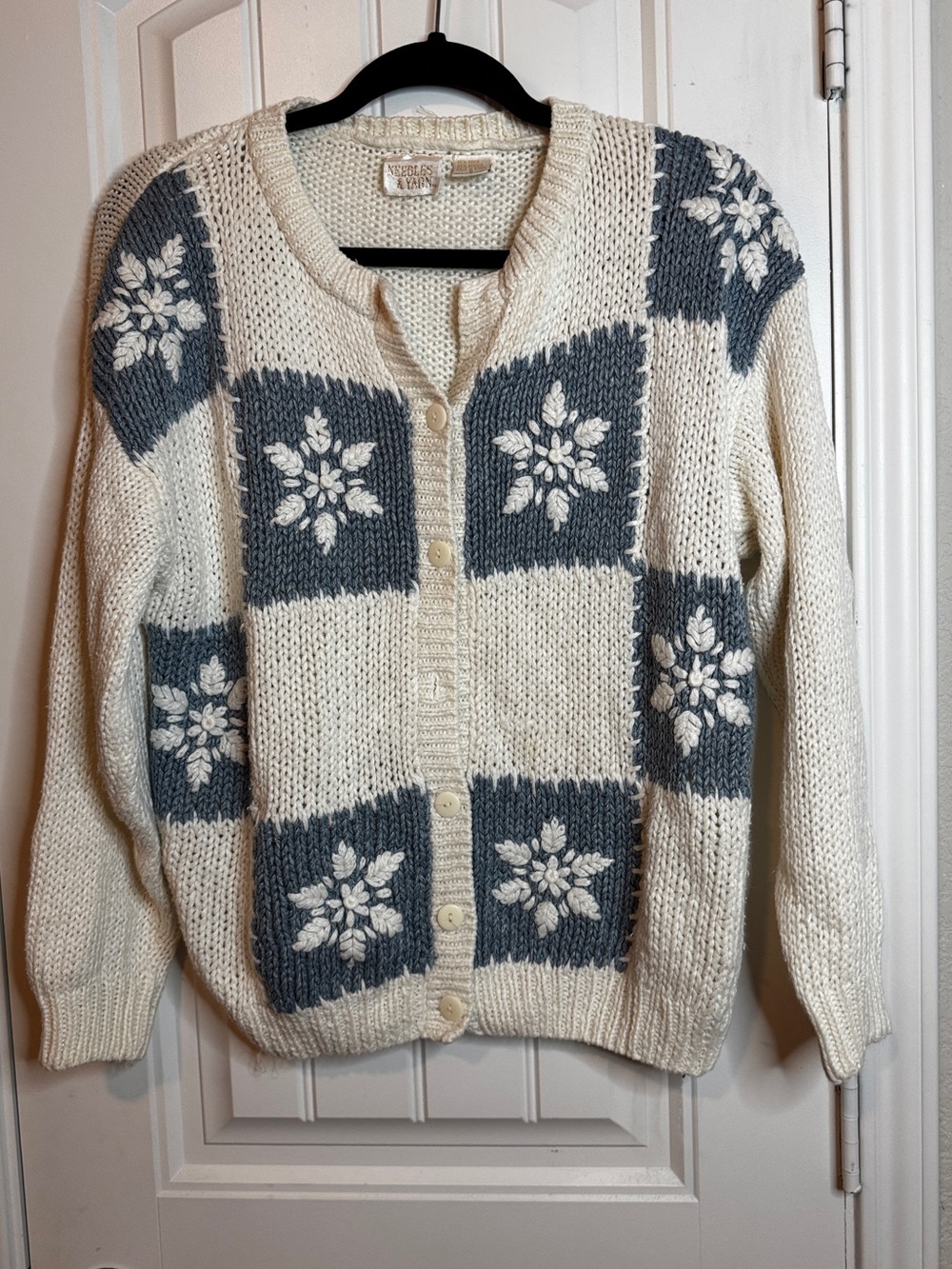 Needles & Yarn Cardigan Womens S Ivory  Granny Square Knit Sweater vintage
